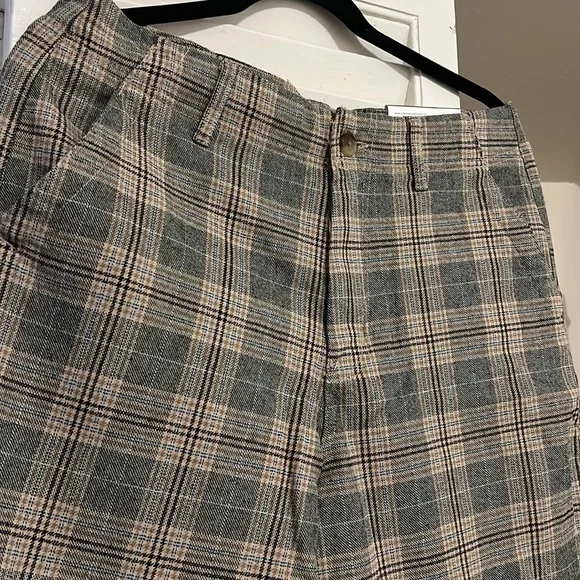american eagle super high rise wide leg 30 waist regular brown gray blue plaid - Picture 3 of 4